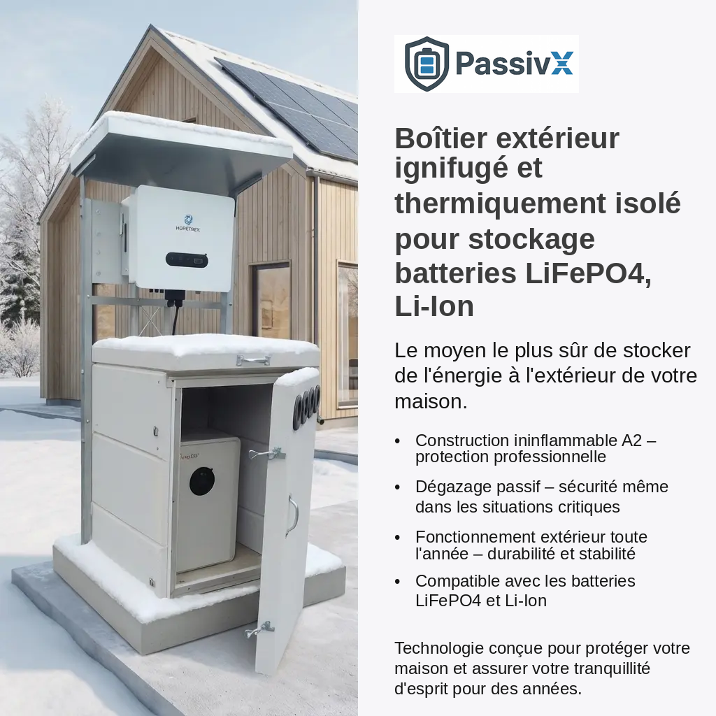 Boîtier extérieur ignifuge PassivX thermiquement isolé pour stockage de batteries LiFePO4 Li-Ion – construction ininflammable A2 pour utilisation extérieure toute l'année