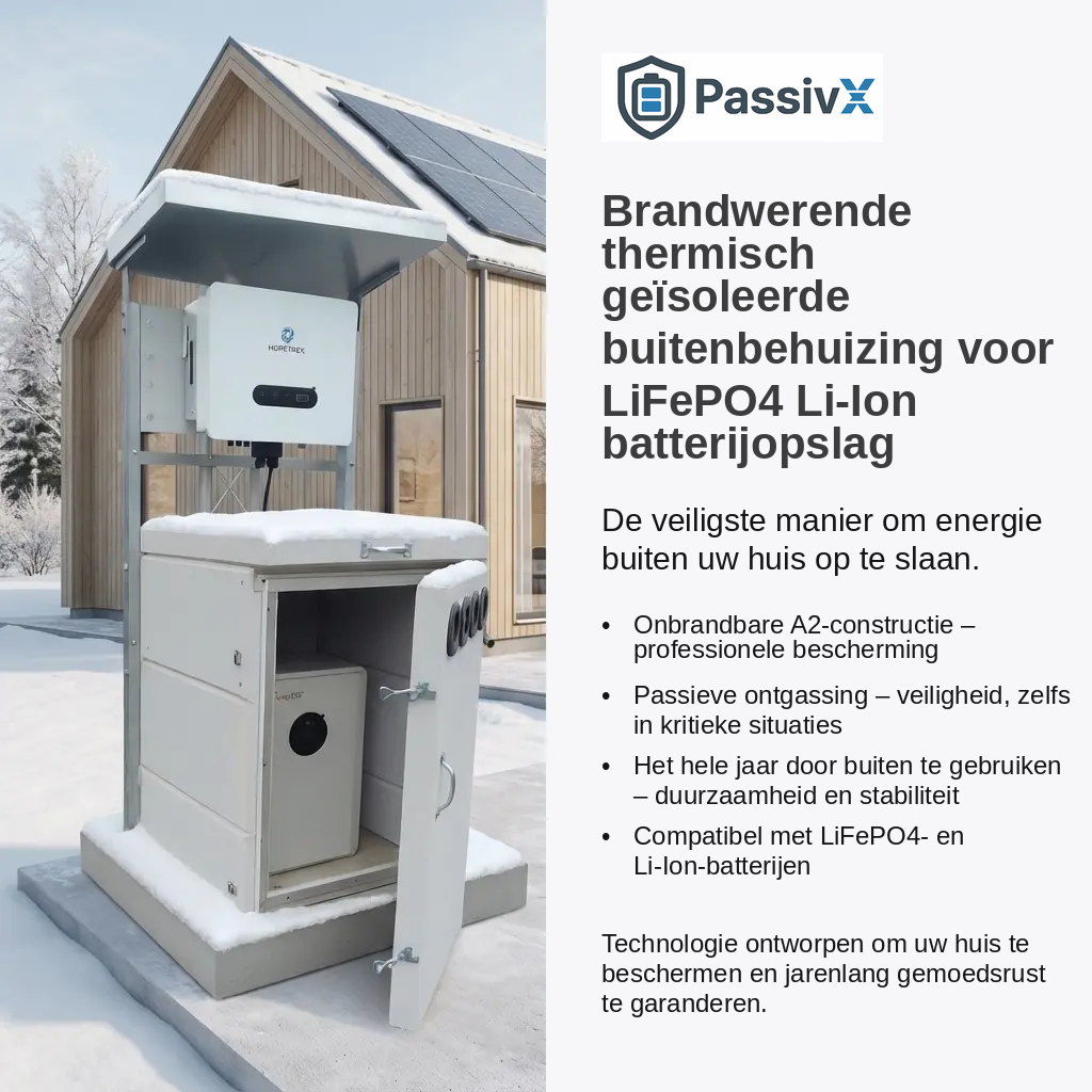 PassivX brandwerende thermisch geïsoleerde buitenbehuizing voor LiFePO4 Li-Ion batterijopslag – A2 onbrandbare constructie voor jaarrond buitengebruik