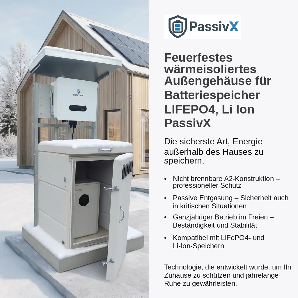 PassivX feuerfestes Batteriegehäuse für Außenmontage – wärmeisolierte Schutzkammer für LiFePO4 und Li-Ion Energiespeicher mit A1-Brandschutzklasse