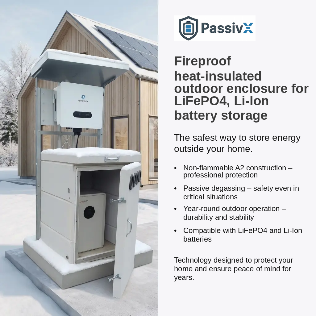 PassivX fireproof outdoor battery enclosure – heat-insulated A2 non-flammable housing for LiFePO4 and Li-Ion energy storage systems