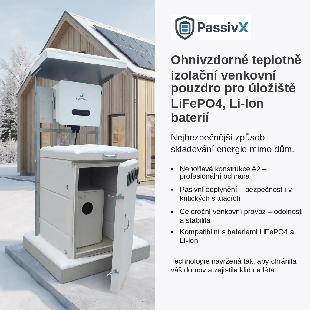 PassivX ohnivzdorné teplotně izolační venkovní pouzdro pro úložiště LiFePO4 a Li-Ion baterií – nehořlavá konstrukce A2 pro celoroční venkovní provoz