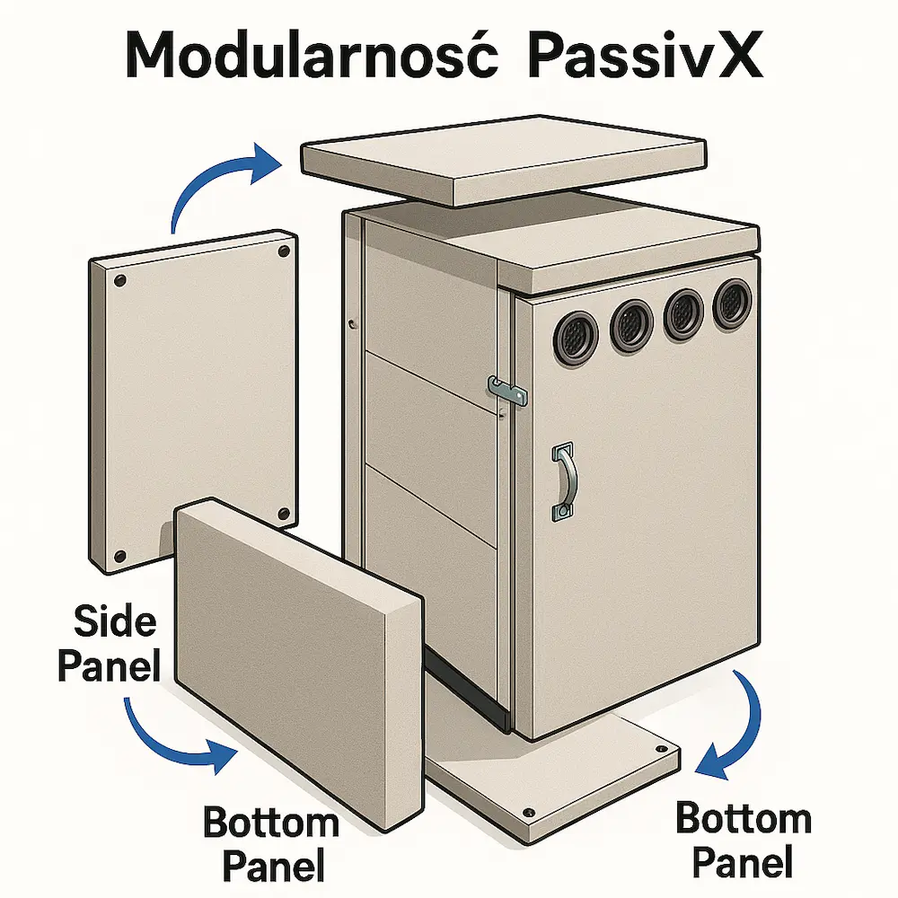 Modularność PassivX – schemat montażu konstrukcji panelowej z wymiennymi elementami