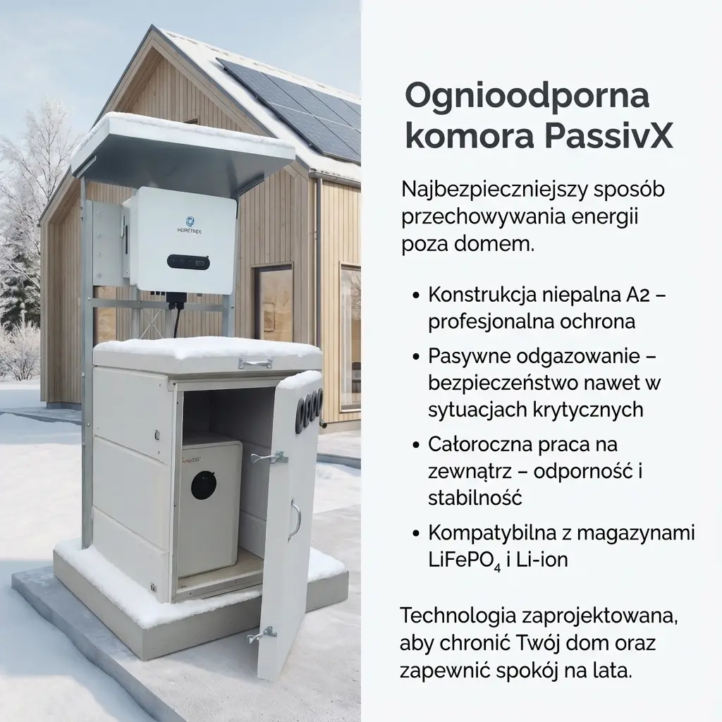 Ognioodporna komora zewnętrzna PassivX na magazyn energii w zimowej scenerii przy domu z instalacją PV. Bezpieczne przechowywanie baterii LiFePO4 i Li-ion.